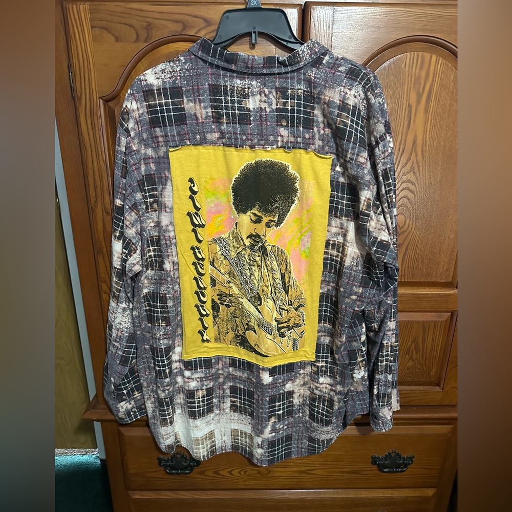 Jimi Hendrix upcycled distressed and bleached flannel tee